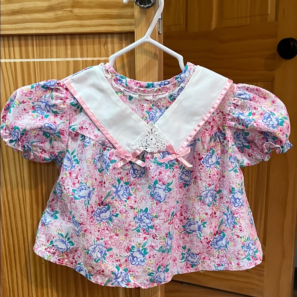 Vintage Floral Pink baby Top with White Collar